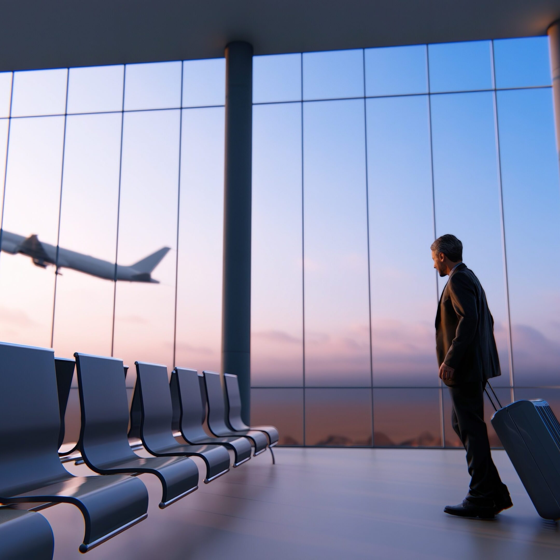 A man standing in an airport with luggage.