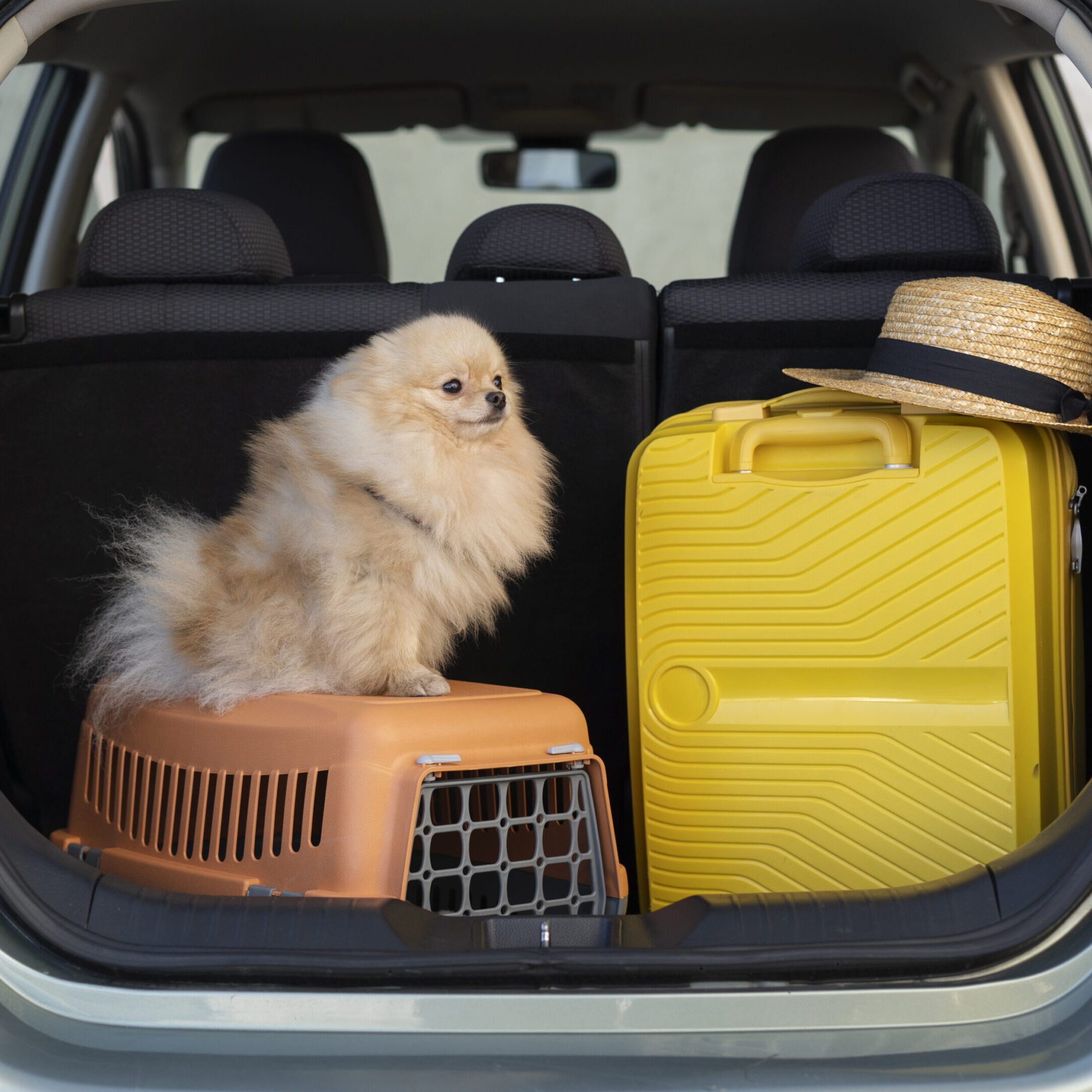 person-traveling-with-their-pet-carrier A dog sitting in the back of a car with luggage.